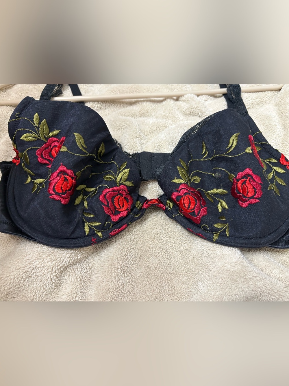 Victoria's Secret Black Bra with Red Rose Embroidery